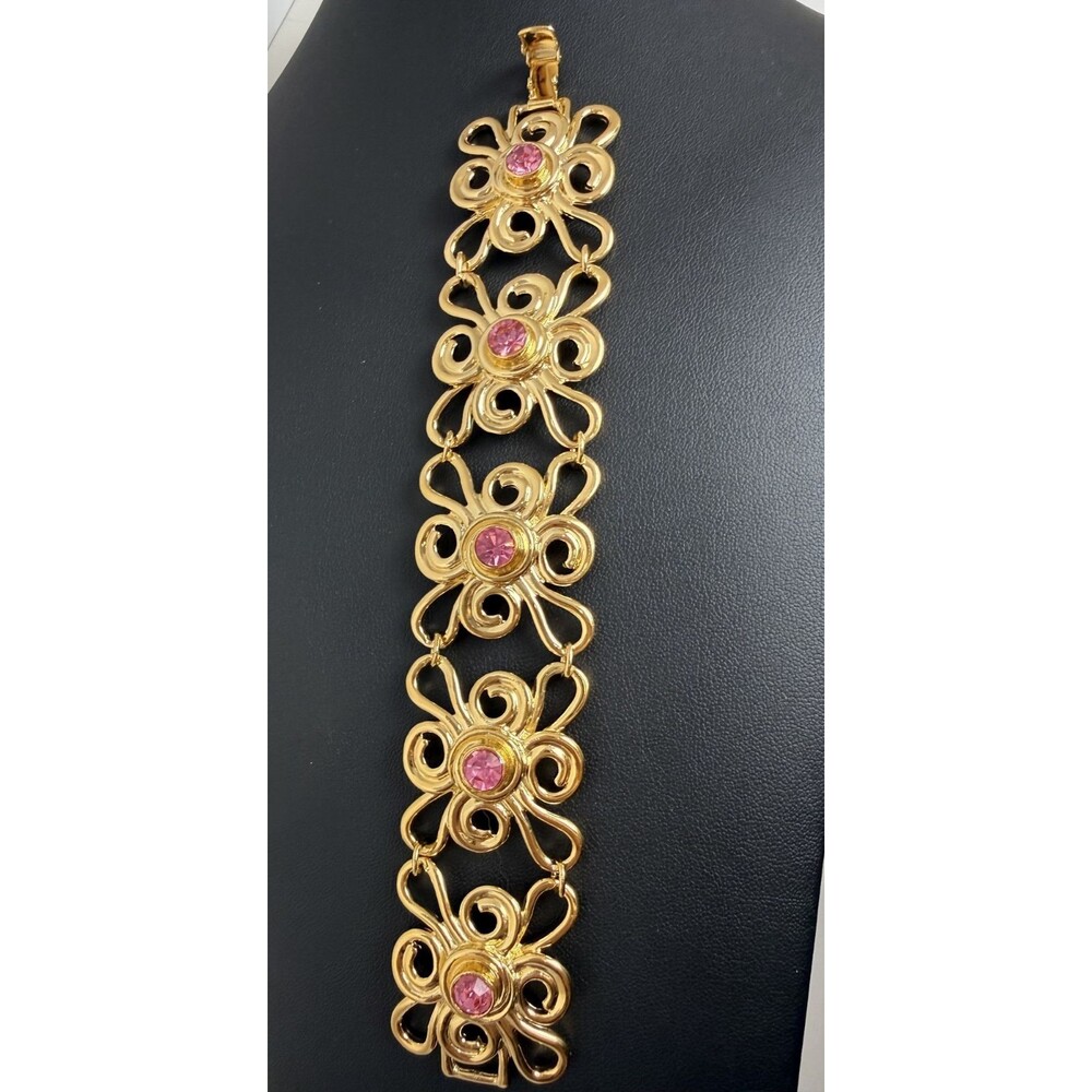 Vintage Avon Bold Flowers Gold Tone Pink Rhinestone Bracelet 70's